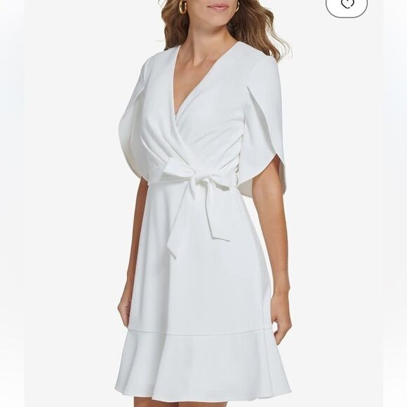 DKNY Womens Tulip-Sleeve V-Neck Dress Ivory Office Wear to Work Dress M - Picture 4 of 16